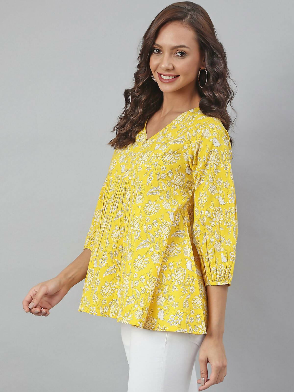 Janasya Women's Yellow Cotton Floral Print Flared Top - Distacart