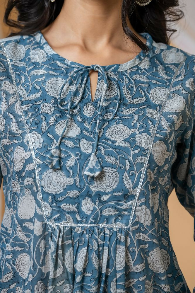Joban Fashion Blue Floral Hand Block Printed Cotton Co-Ord Set - Distacart