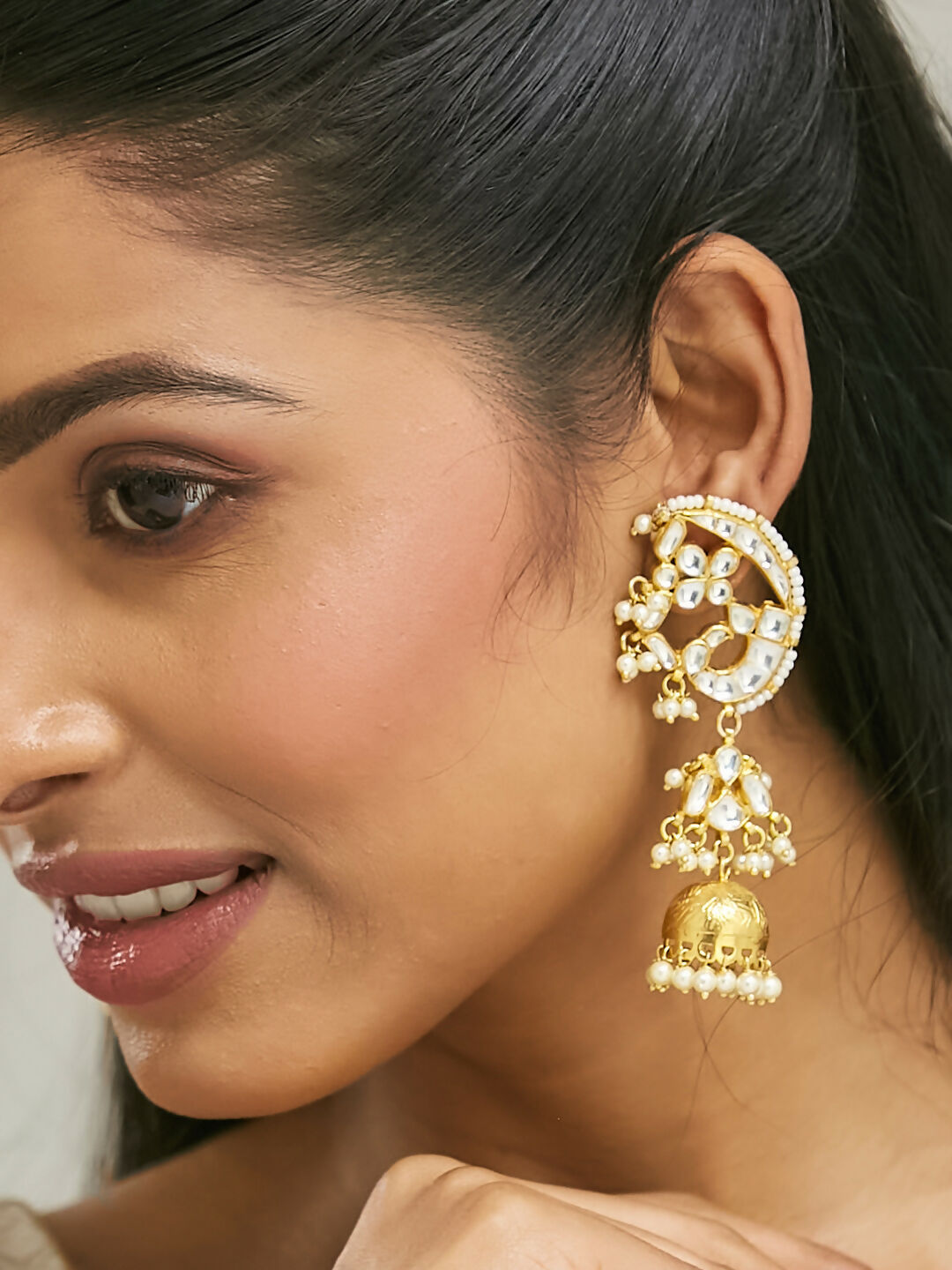 Nuyug 22K Gold-Plated Elegant Kundan Stone Studded & Pearl Drops Mini Jhumki Dangler Earrings - Distacart