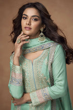 Anaita Sea-Green Chinon Readymade Palazzo Suit with Embroidery Sequence Work - Distacart