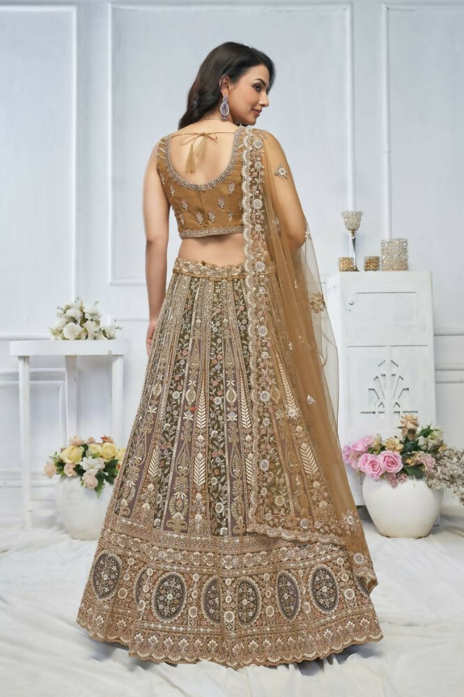 Kesar Fab Brown Net Embroidered Lehenga