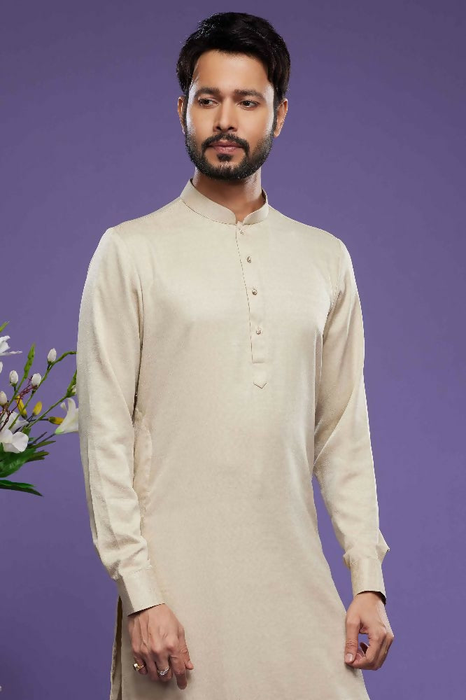 Raivat Ethnic Art Banarasi Silk Thread Work Kurta Pajama In Beige Colour