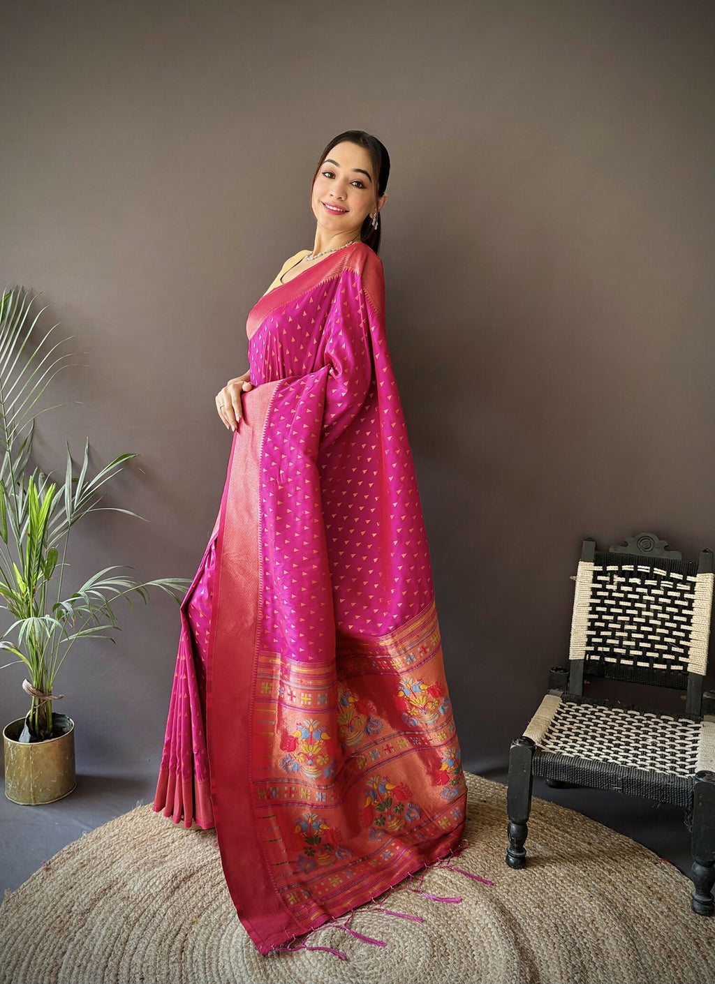 Joban Fashion Rani Pink Jacquard Butti Soft Lichi Silk Paithani Saree - Distacart