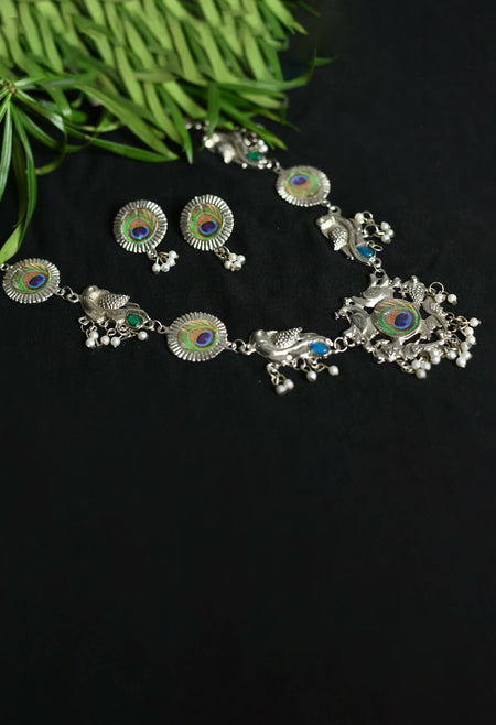 Mominos Fashion Johar Kamal Oxidised Silver-Plated Brass Finish Long Necklace For Women (Silver)