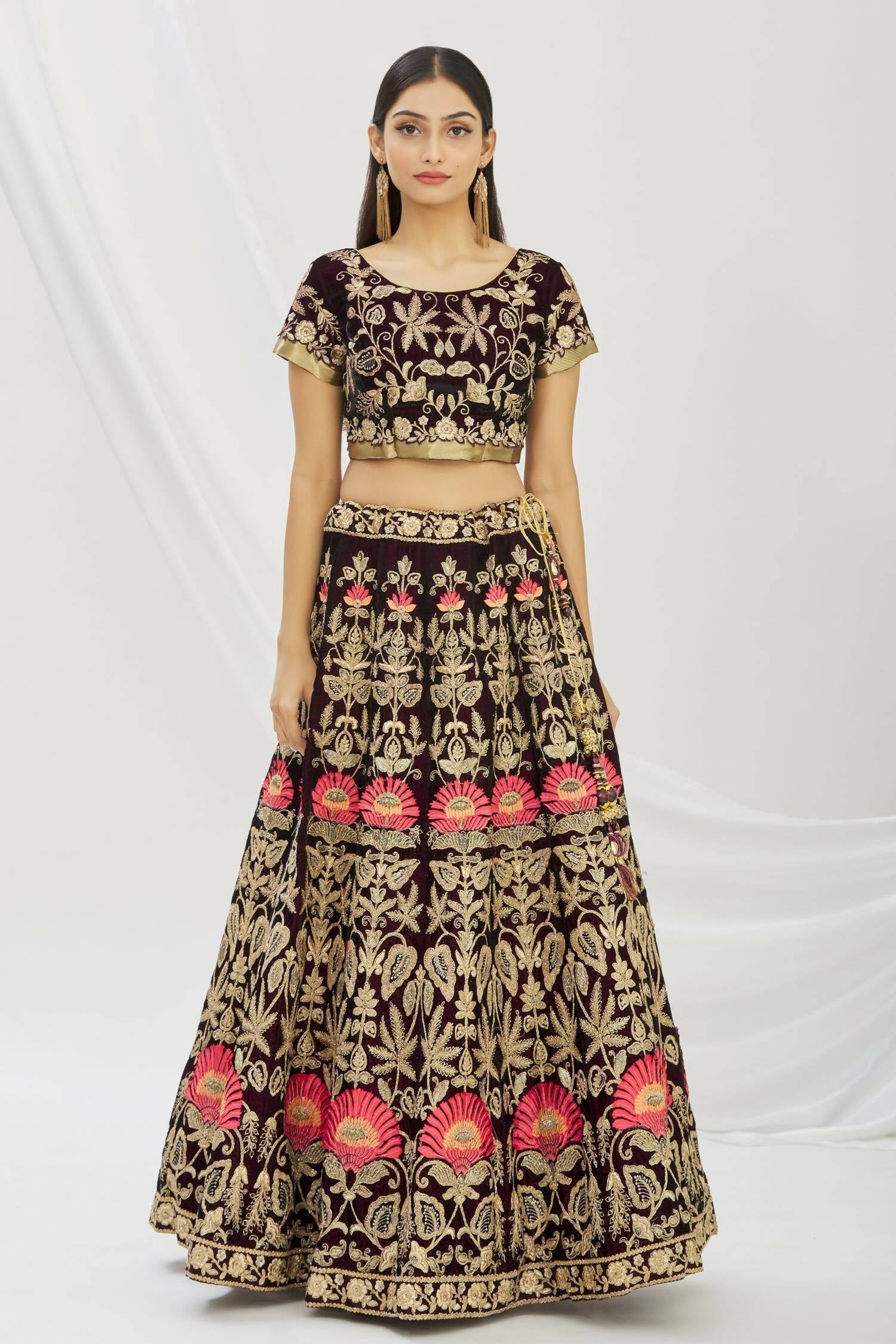 Purple Velvet Semi-Stitched Wedding Bridal Lehenga - Nimaya