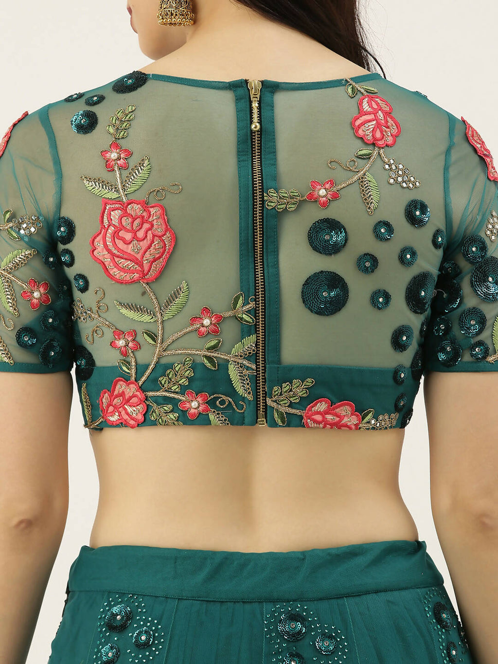 House of Panchhi Teal Net Semi stitched Coding, Sequins and Saroski Stone Work Lehenga Choli