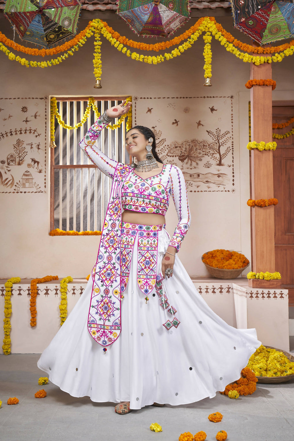 White Viscose Rayon Thread Embroidered with all over mirror work Navratri Lehenga Choli with Dupatta - Raas
