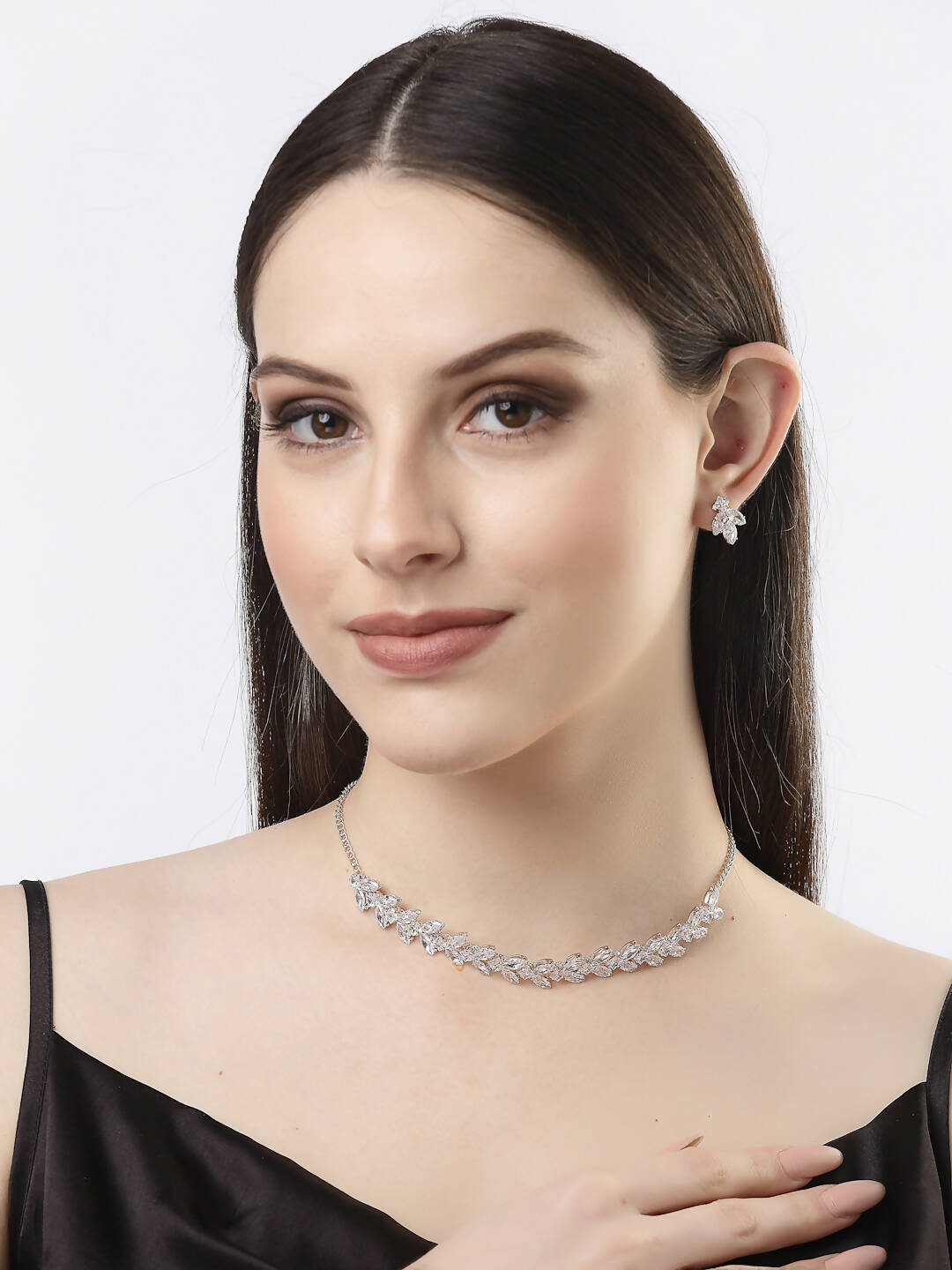 NVR Women Silver-Plated American Diamond Jewellery Set Necklace & Earrings - Distacart