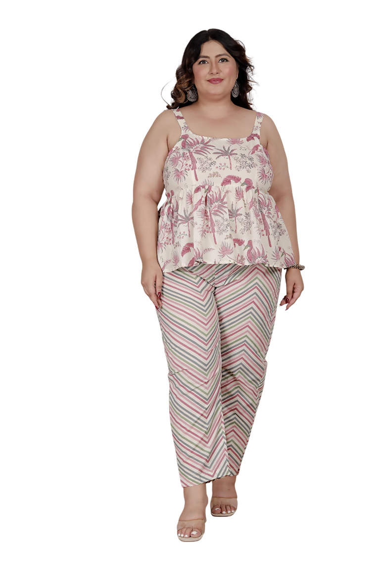 Miravan Womens Plus Size Pink Pure Cotton Leaf Printed Kurti With Palazzo