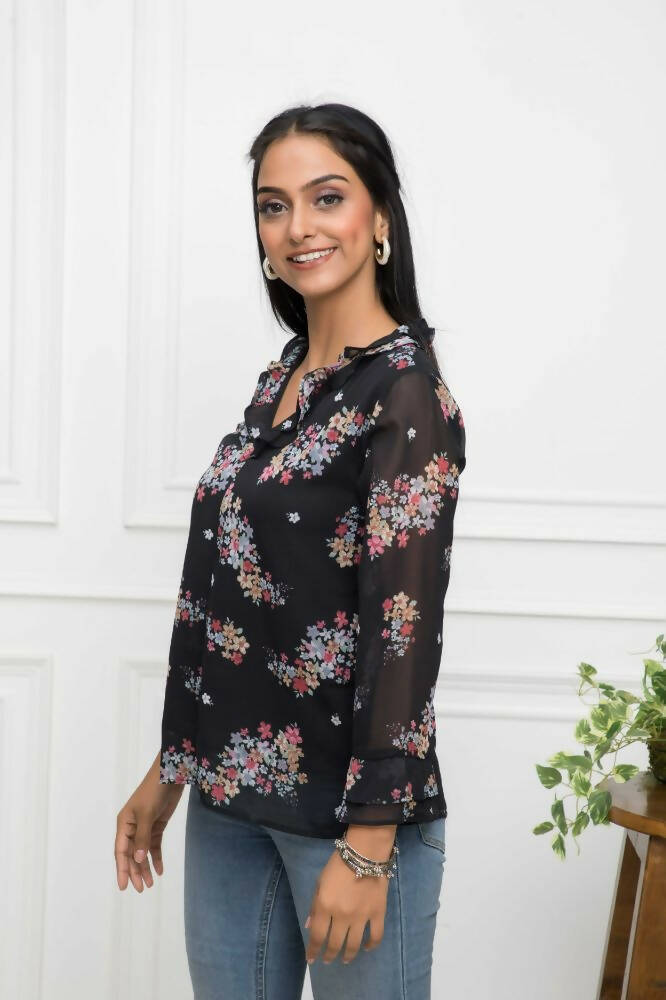 Myshka Women Black Floral V-Neck Regular Sleeves Synthetic Georgette Top - Distacart