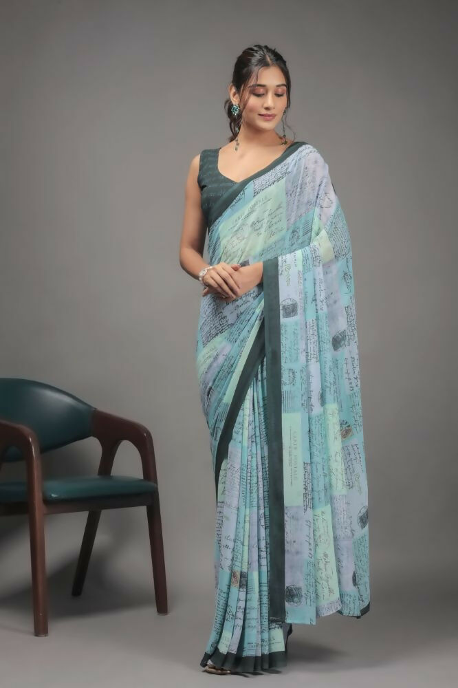 Pista Green Georgette Designer Printed Party Wear Saree - Cinderella