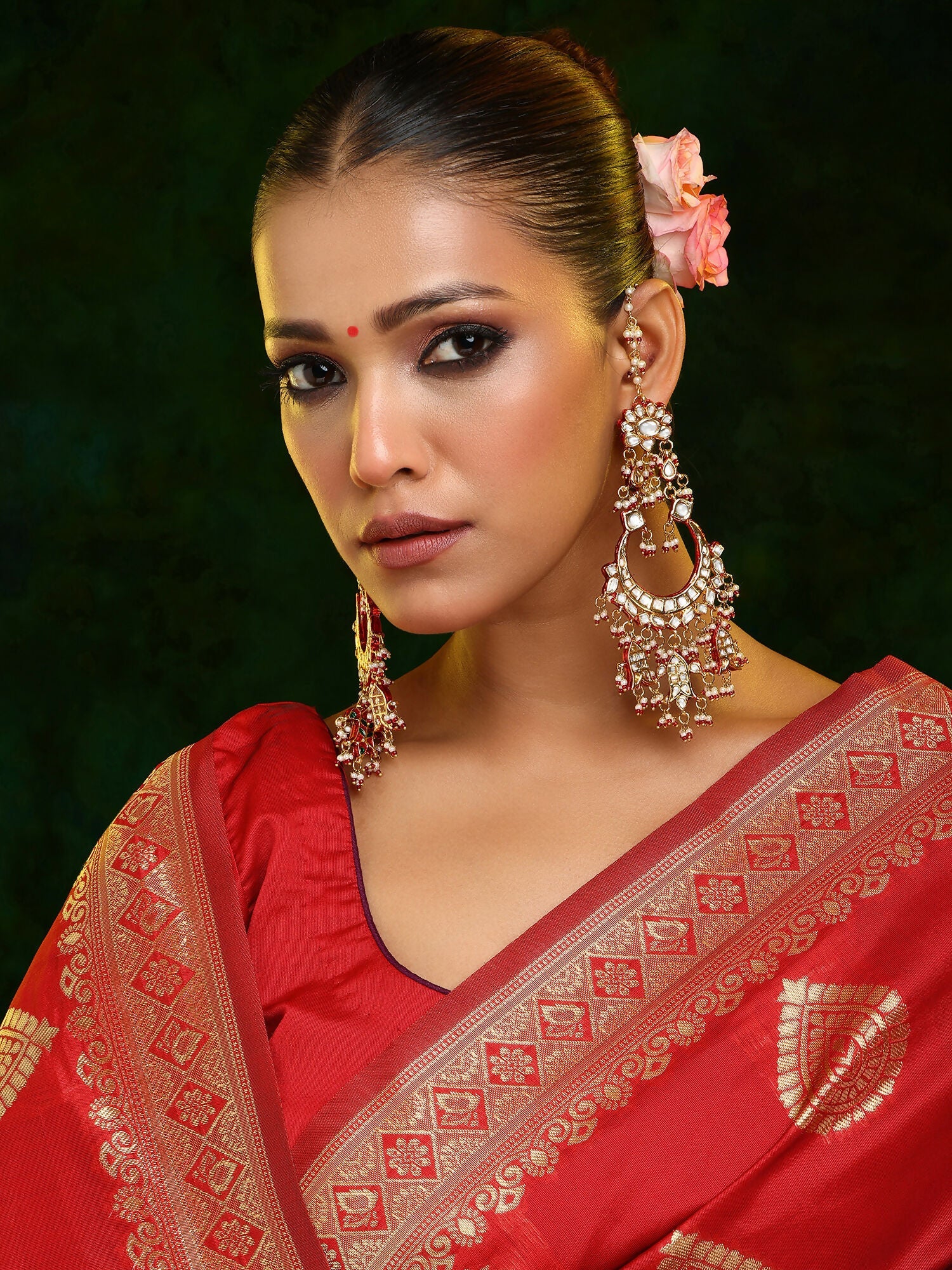 Ruby Raang 22k Gold Polished Kundan Chand Earrings With Ear Chains - Distacart