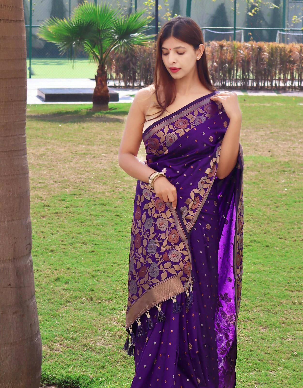 DEIANA'S Beautiful Designer Golden zari Soft Lichi Silk Saree - Purple