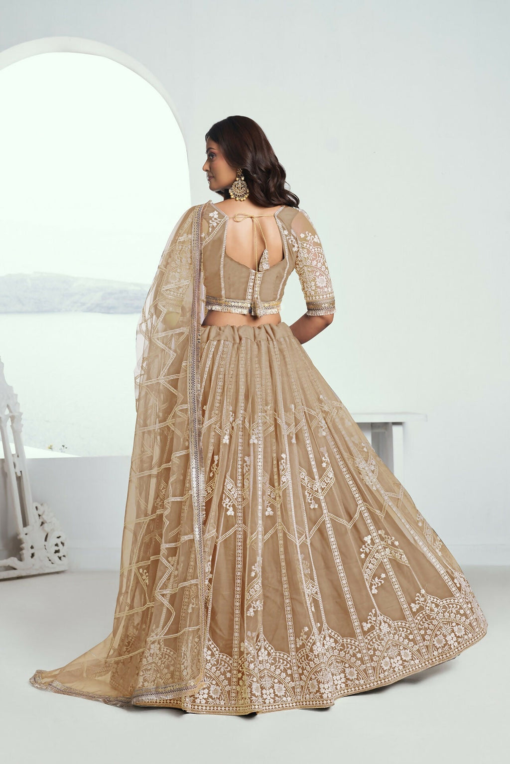 Eilara Charming Beige Thread Work Net Designer Lehenga Choli With Dupatta