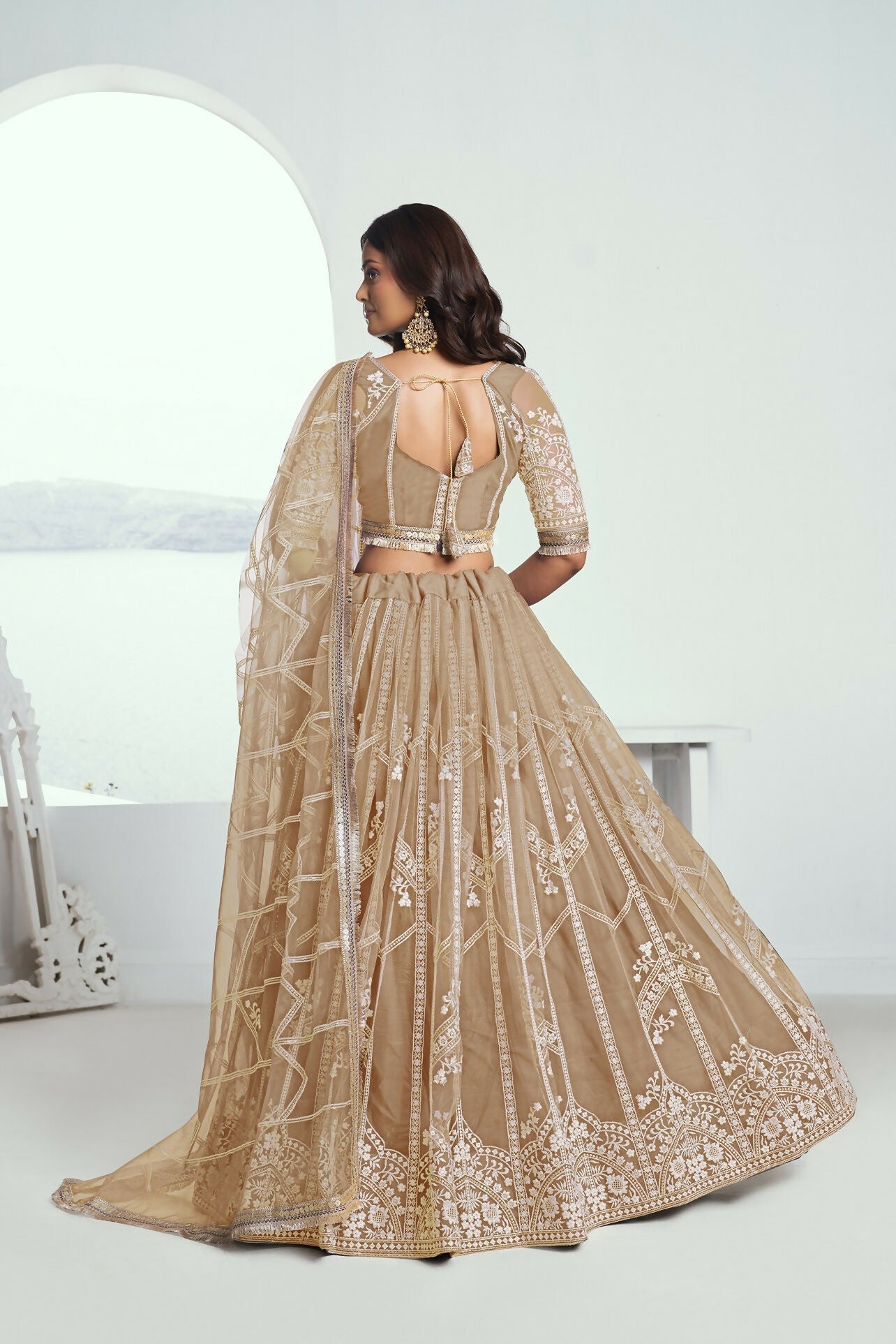 Eilara Charming Beige Thread Work Net Designer Lehenga Choli With Dupatta