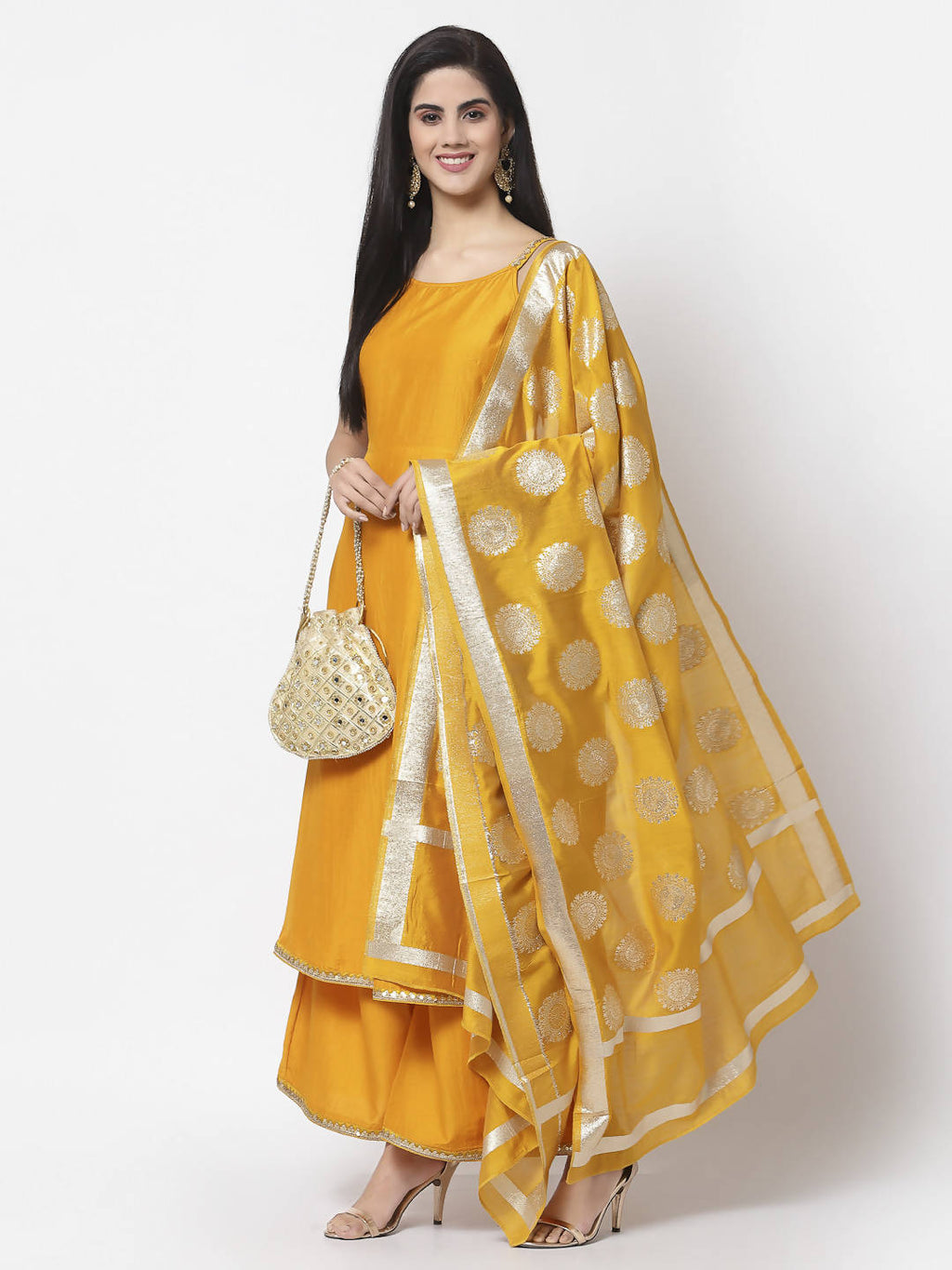 Myshka Women Yellow Silk Blend Solid Sleeveless Round Neck Neck Kurta Palazzo Dupatta Set