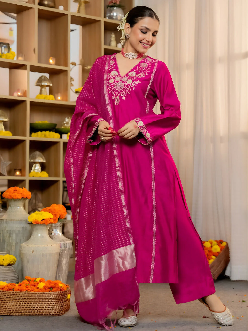 The52 Women's Beautiful Viscose Silk Fabric Embroidery Work A-Line Kurta Pant and Dupatta Set - Distacart