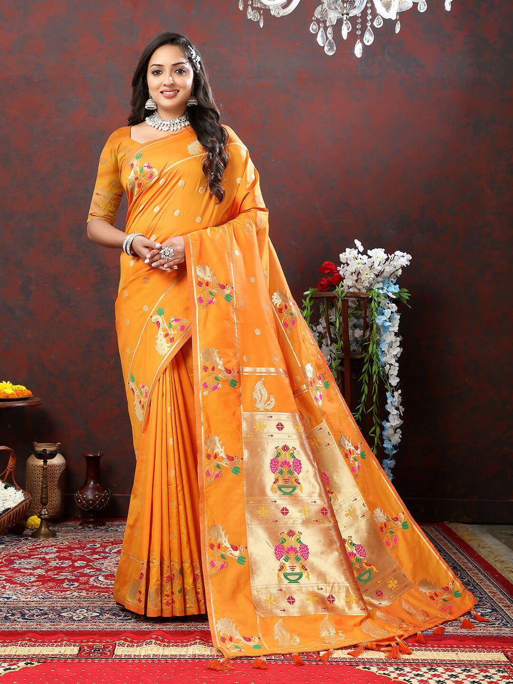 Lorenvalley Fashion Orange Soft Paithani Silk Woven Design Gold Zari Meenakari Weaving Saree