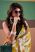 Vastranavya Yellow Satin Silk Floral Printed Saree with Stitched Blouse - Distacart