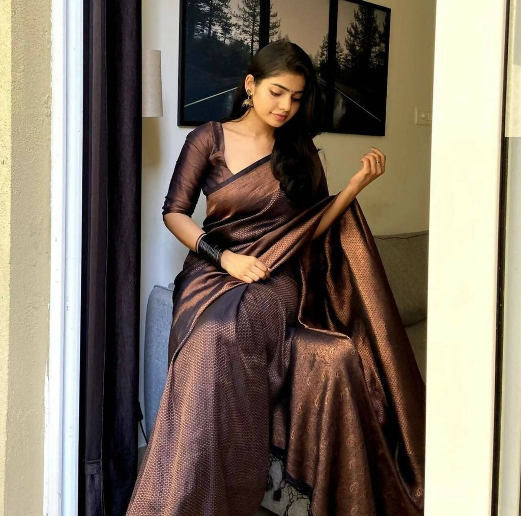 DEIANA'S Beautiful Designer Golden zari Soft Lichi Silk Saree - Black
