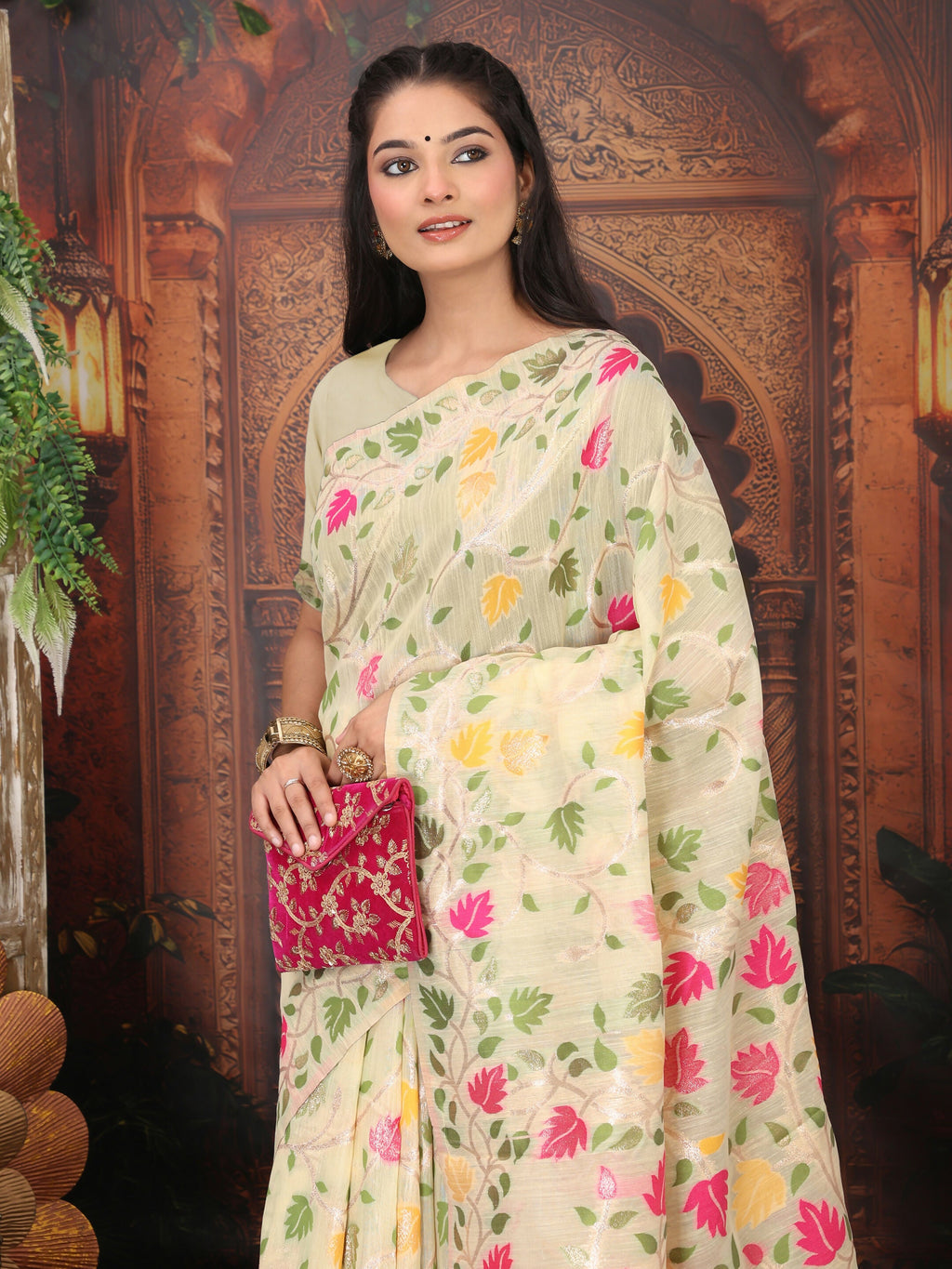 Shree Shyam Fashion Linen Cotton Cream Saree - Distacart