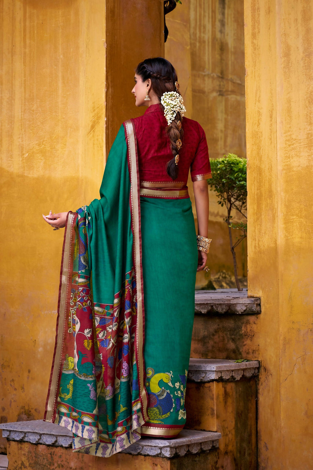 Vastranavya Firozi Viscose Chanderi Kalamkari Print with Zari Working Saree & Unstitched Blouse - Distacart