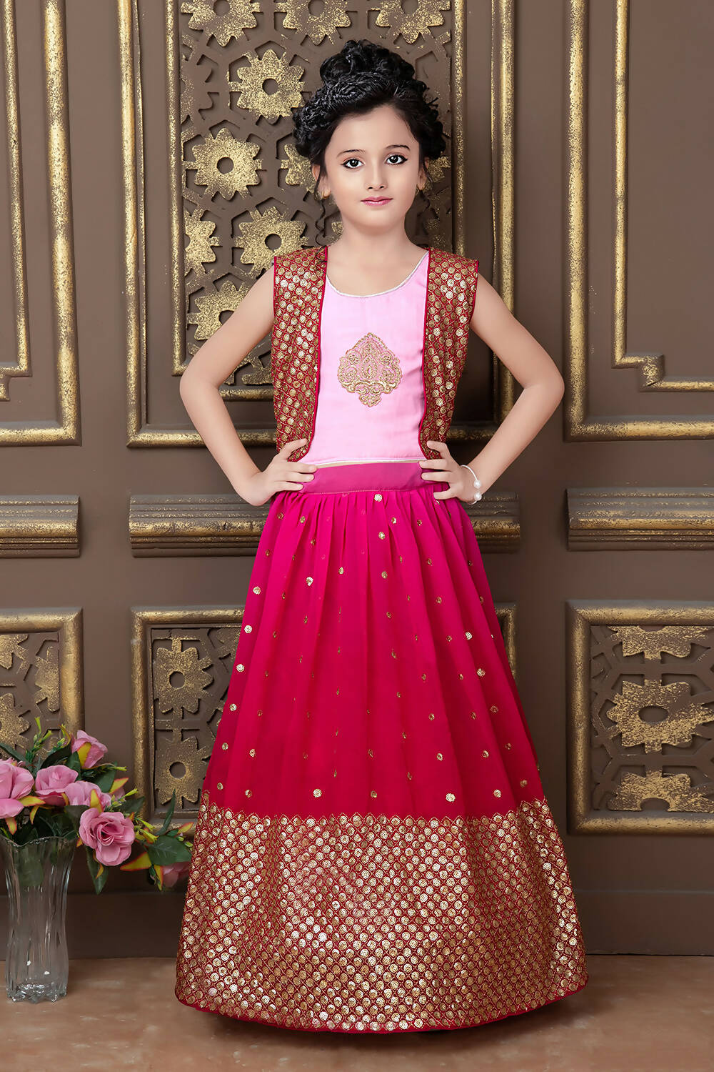 Kids Wedding Designer Pink Georgette Lehenga Choli - Aaradhna