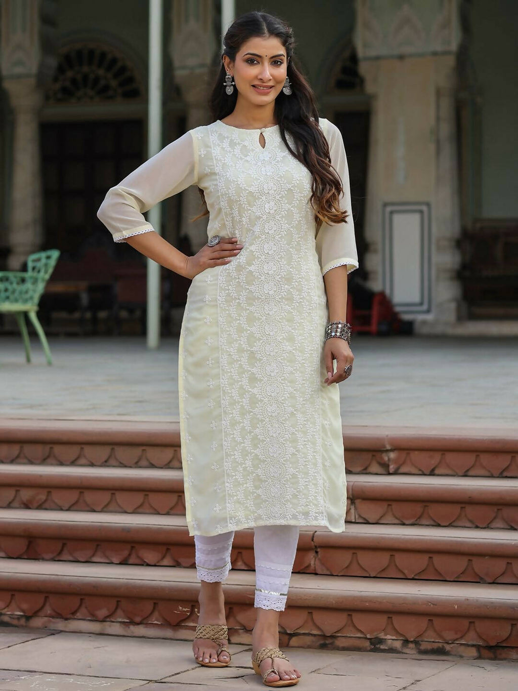 Juniper Women's Lemon Georgette Printed Kurta - Distacart