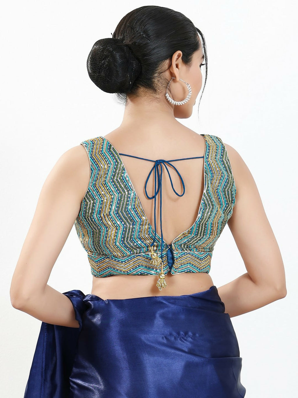 Joban Fashion Blue Multi Silk Padded Blouse With V Neck Sleeveless - Distacart