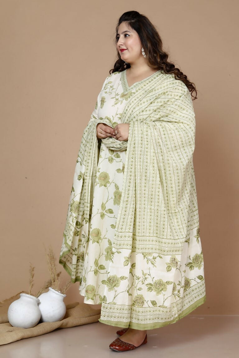 Miravan Women's Plus Size Green Printed Anarkali Kurta With Palazzo And Dupatta