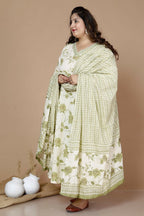 Miravan Women's Plus Size Green Printed Anarkali Kurta With Palazzo And Dupatta