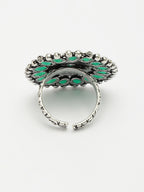 NVR Women's Green Silver-Plated Circular Shape Adjustable Finger Ring