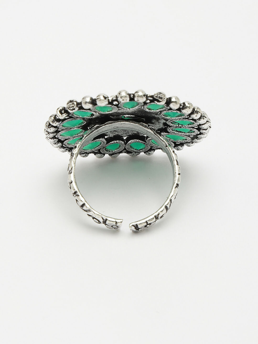 NVR Women's Green Silver-Plated Circular Shape Adjustable Finger Ring