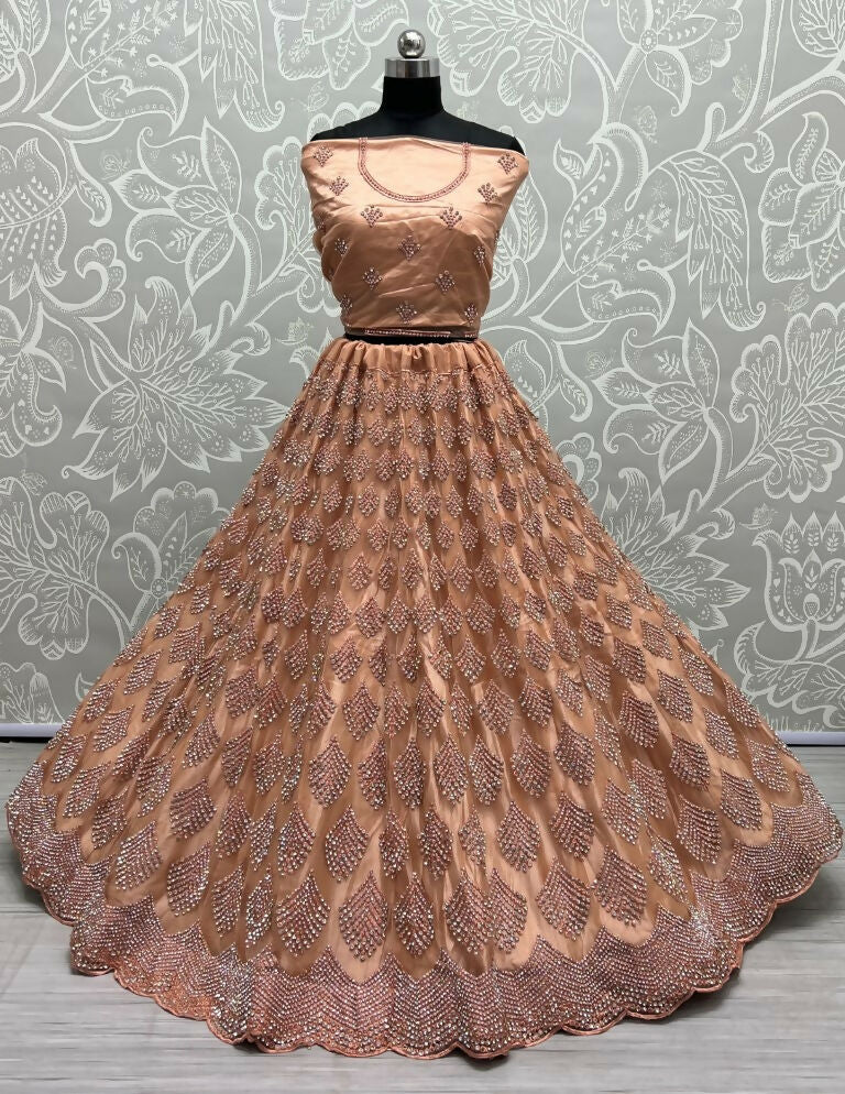 Jyoti Fashion Women's Peach Bridal Net Fancy Dori & Multi Thread Embroidered with Zircon Diamond Work Wedding Lehenga Choli