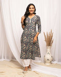 FIORRA Women's Floral Printed Blue Cotton Straight Kurta
