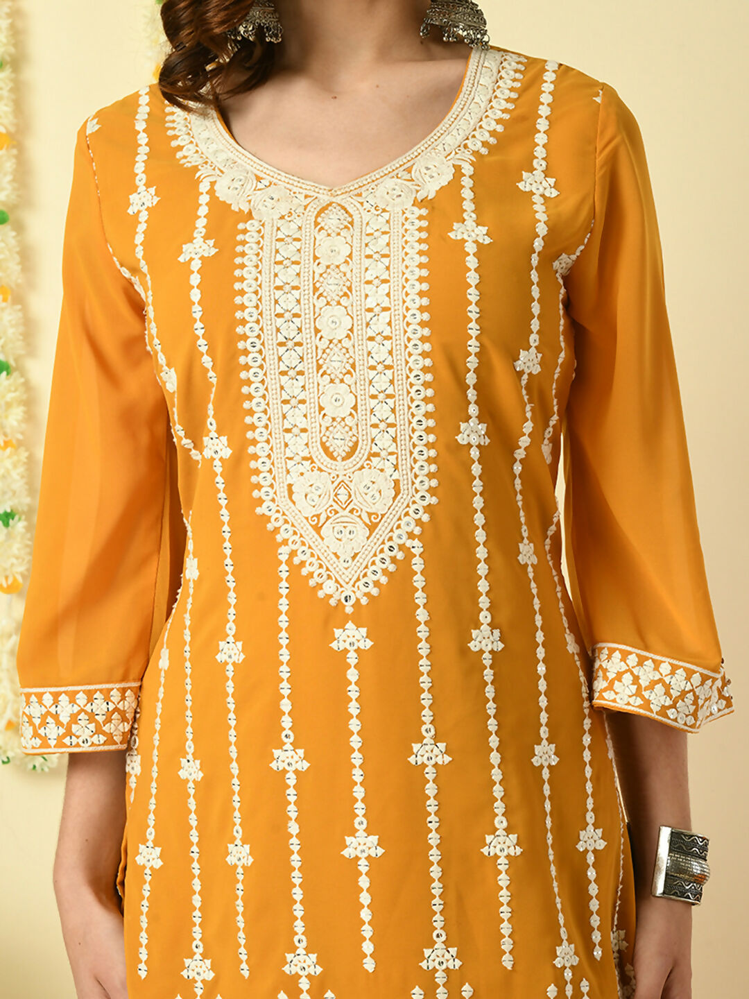 Myshka Women's Mustard Georgette Kurta & Palazzos With Dupatta Party Sets