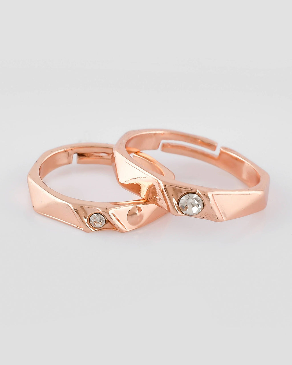 VOJ Stainless Steel Cubic Zirconia Rose Gold-Polished Adjustable Ring Set for Couple