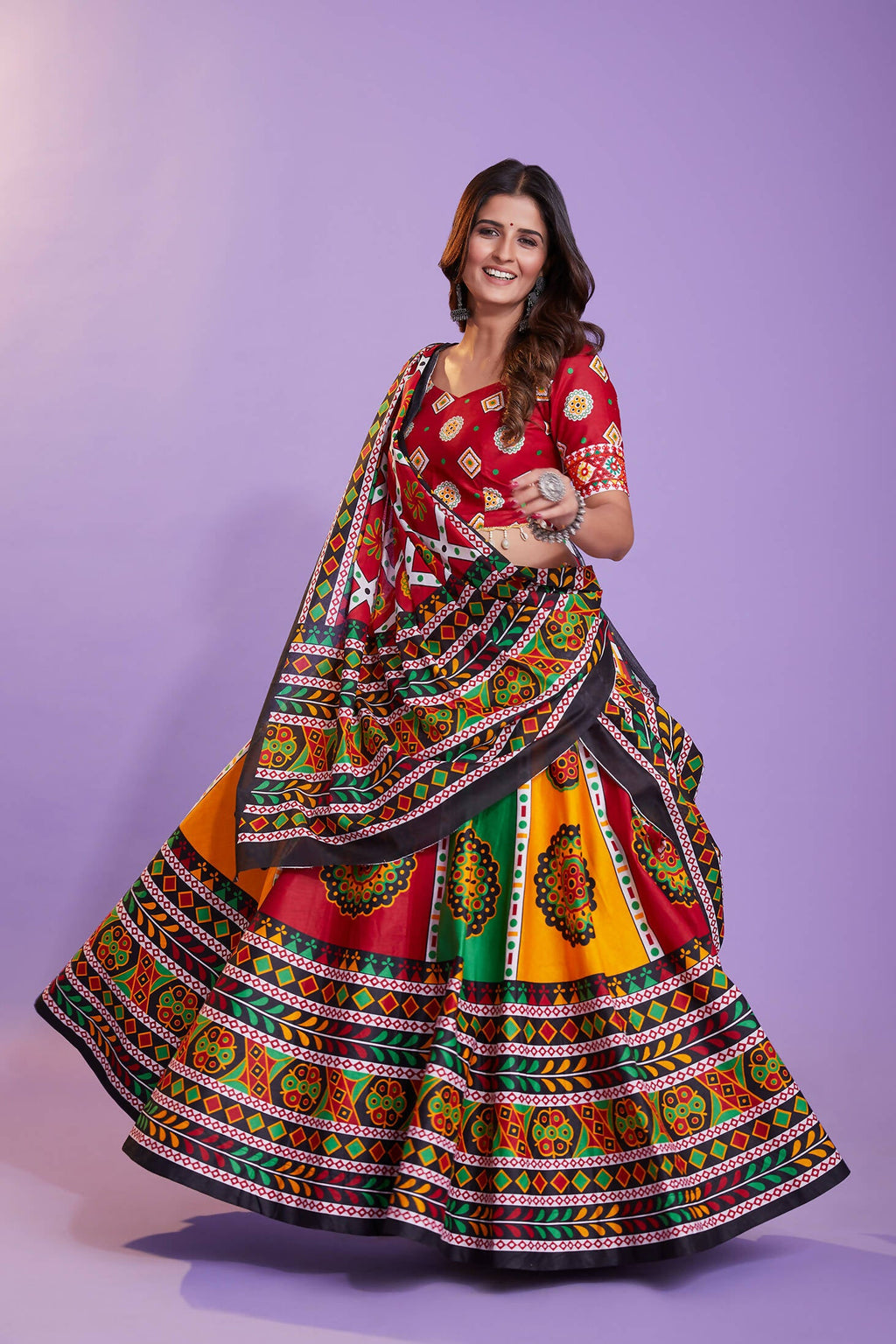 Multi Color Pure Cotton Hand Block Print Navratri Lehenga Choli with Dupatta - Raas