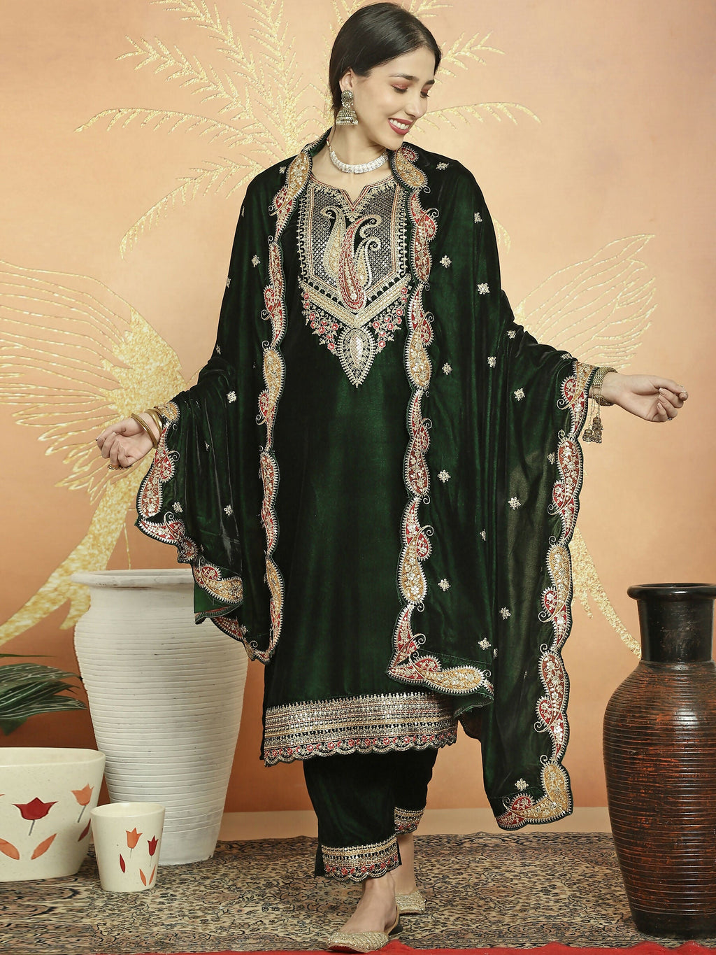Jyoti Fashion Women's Green Velvet Cording with Resham Thread & Sequin Kurta with Trouser & Dupatta