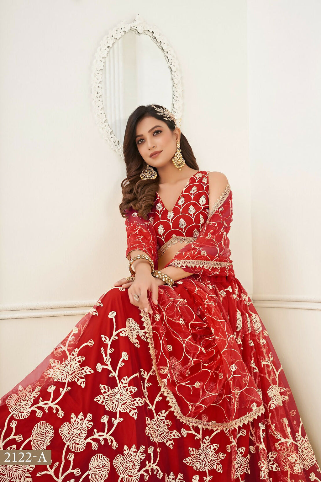 Eilara Women'S Red Butterfly Net With Sequins And Embroidery Work Lehenga Choli For Wedding
