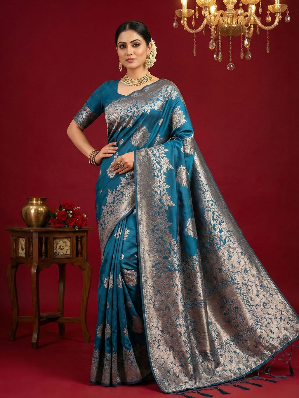 Shree Shyam Fashion Teal Blue Silk Blend Saree - Distacart