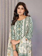 Joban Fashion Women Off White & Forest Green Linen Printed Stitched Kurta Set - Distacart
