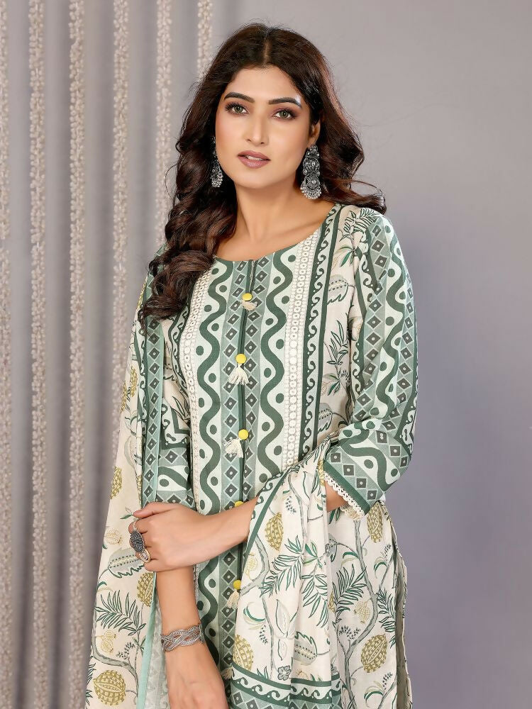 Joban Fashion Women Off White & Forest Green Linen Printed Stitched Kurta Set - Distacart