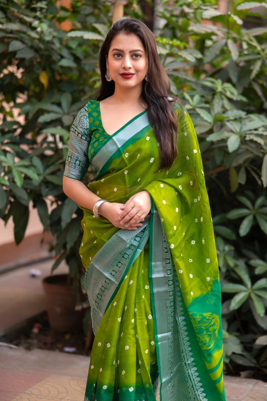 Green Jute Silk Ethnic Motifs Saree with Unstitched Blouse - A2M - Distacart