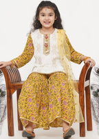 Little Bansi Girls Cotton Embroidery Kurta with floral sharara with Dupatta - White & Yellow