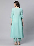Ahalyaa Women Sea Green Colour Pure Cotton Gold Foil Print Kurta Pant Set - Distacart