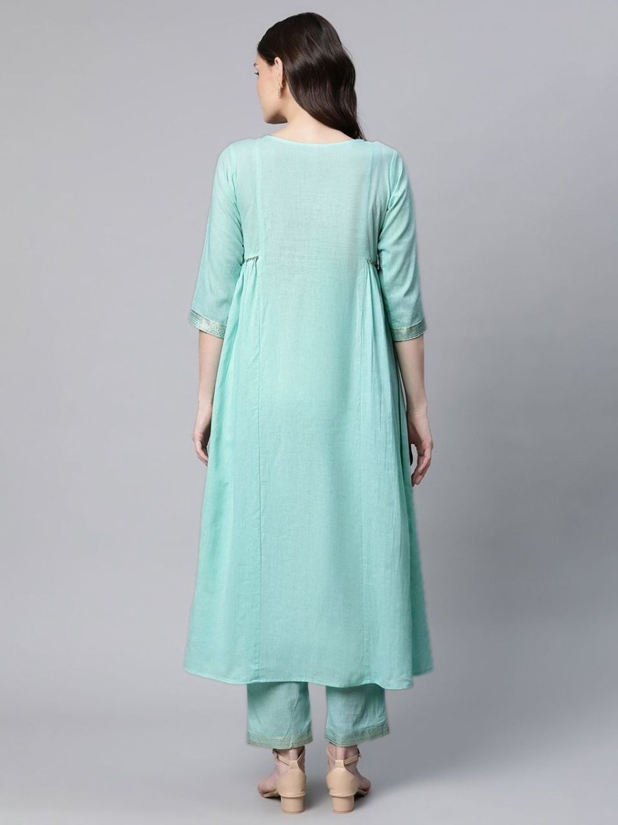 Ahalyaa Women Sea Green Colour Pure Cotton Gold Foil Print Kurta Pant Set - Distacart