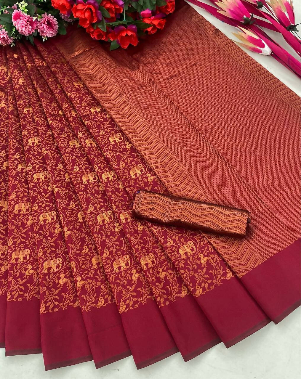 DEIANA'S Beautiful Designer Golden zari Soft Lichi Silk Saree - Brown