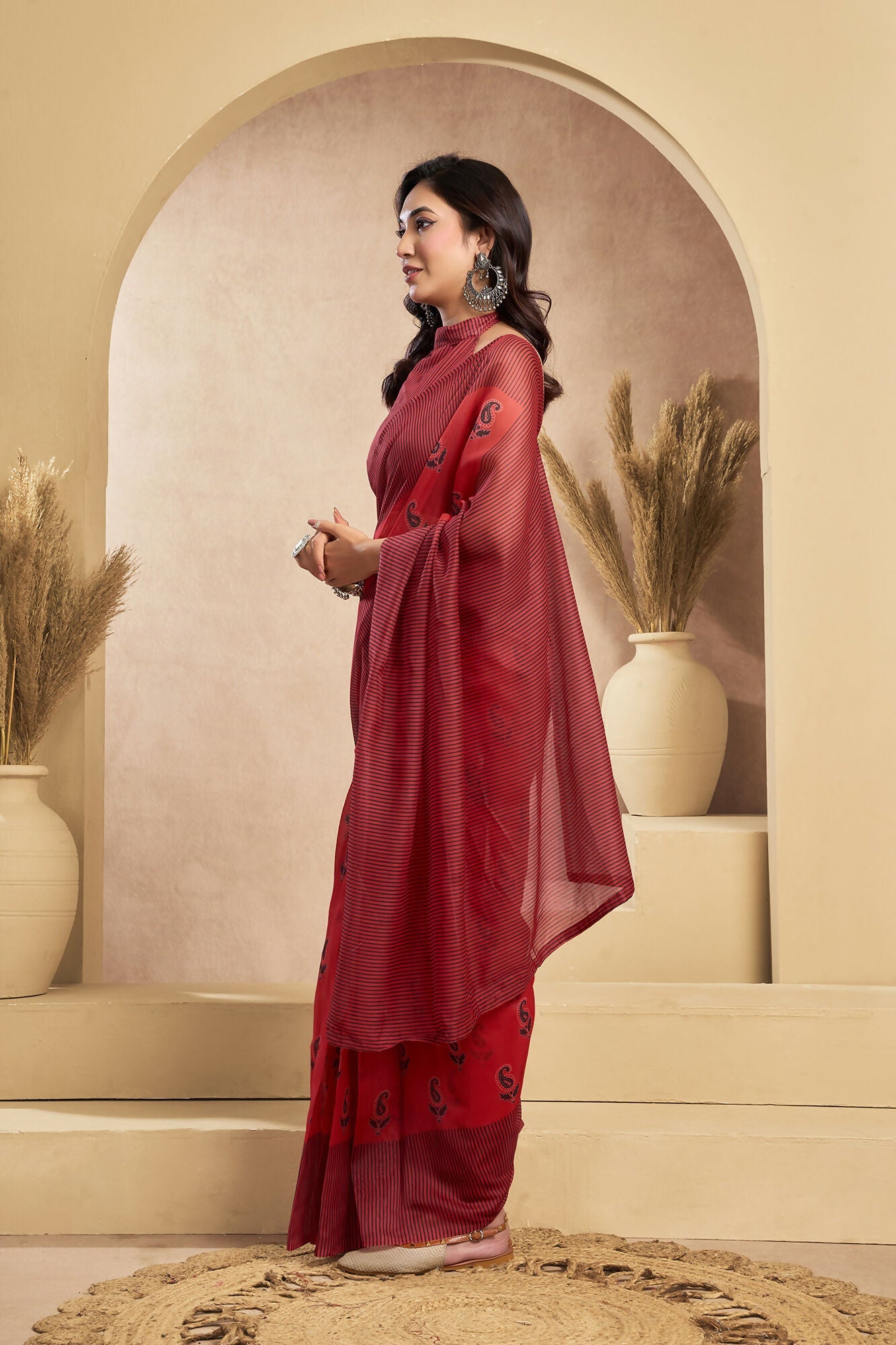 Vastranavya Rust Digital Printed Linen Ready To Wear Designer Saree with Unstitched Blouse - Distacart