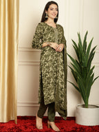 Jyoti Fashion Women's Green Pashmina Floral Digital Printed Kurta with Trouser & Dupatta